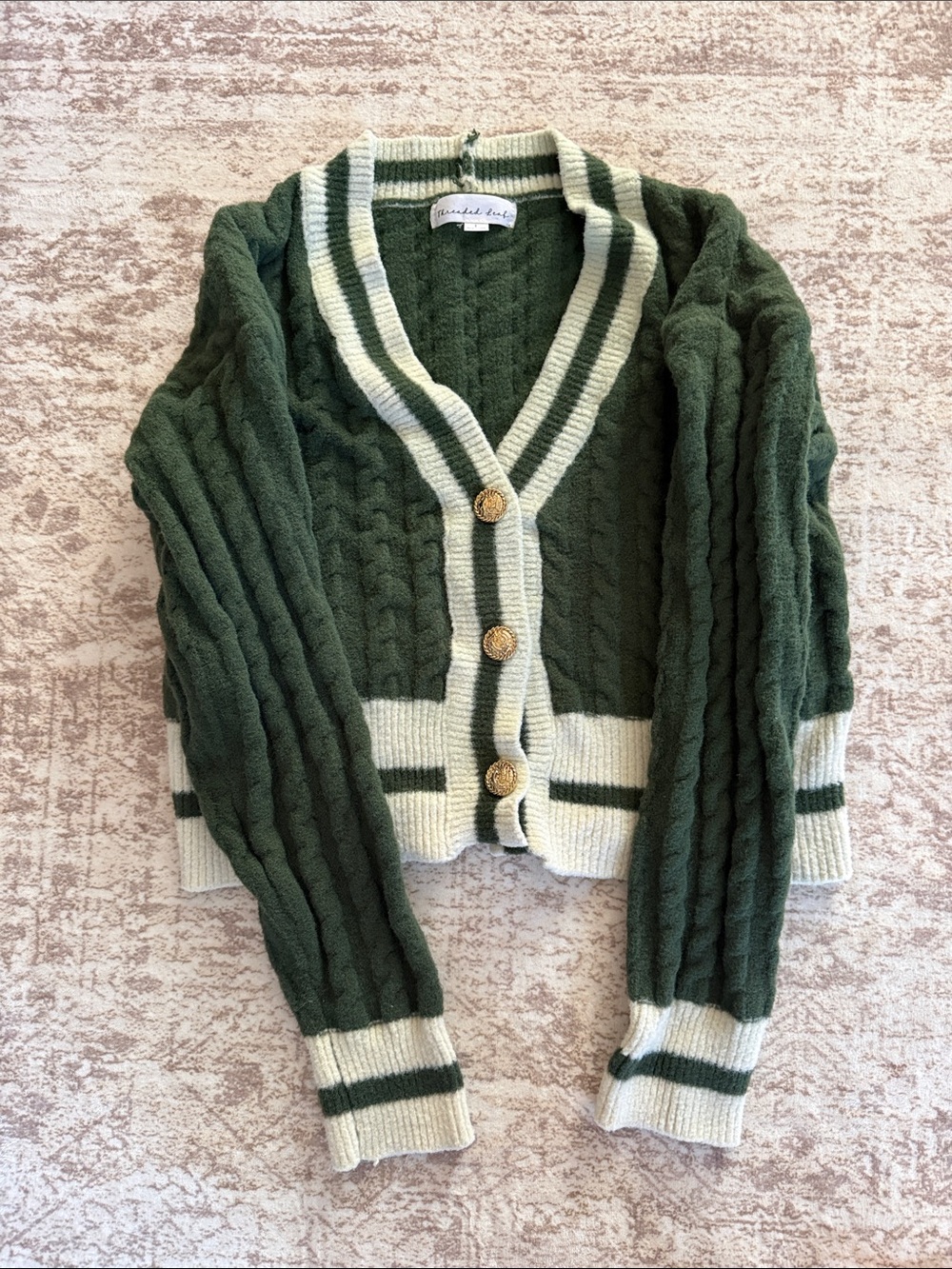 Sincerly Jules Green & Cream Cable Knit Button Cardigan
